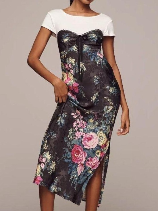 Anthropologie Dresses & Skirts - Anthropologie Black Floral Slip Midi Dress with Pink Rose Print